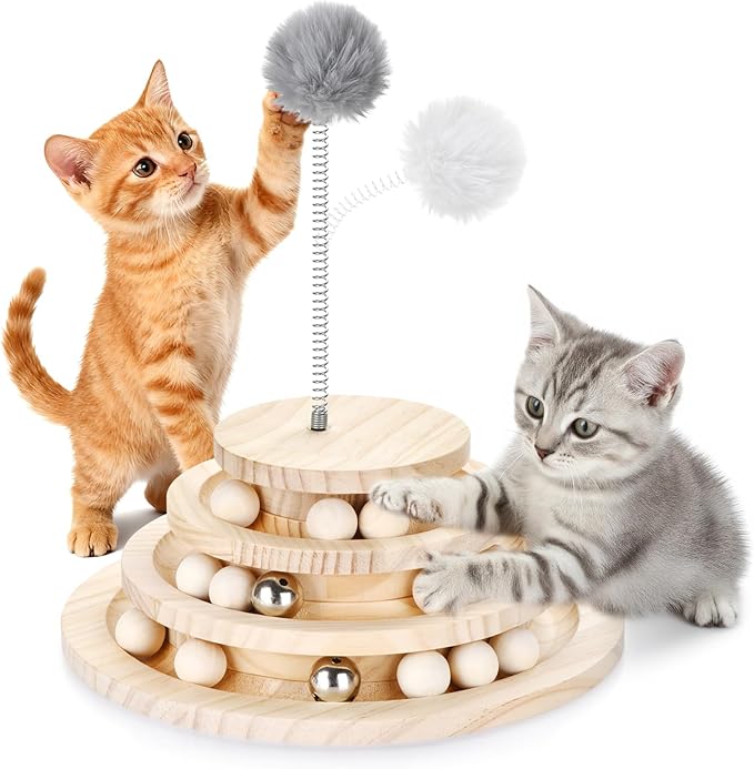 SMICEM Large Upgraded Cat Track Ball Toy with Bell & Teaser Wand - 3-Layer Tower Roller, Interactive Wooden Cat Toy for Mental & Physical Exercise, Double Fun for Kittens & Adult Cats