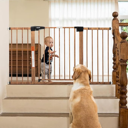 Babelio Metal Auto Close Baby Gate PressGuard P7,Extra Wide Pet Gate for The House and Doorways, Pressure Mounted Walk Thru Child Gate with Door (Brown Wood Pattern, 30" Tall 29"-55" Wide)