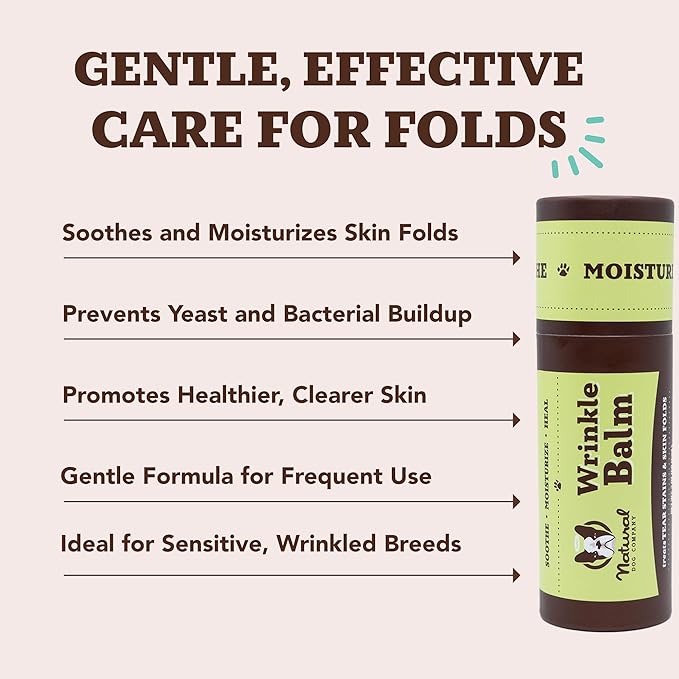 Natural Dog Company Wrinkle Balm, 2 oz. Stick, Dog Lotion for Dry Itchy Skin, Cleans Wrinkles, Yeast Infection Treatment for Dogs, Plant Based, Frenchie Dog Accessories, Made in USA