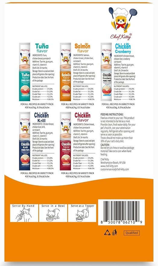 Chef Kitty Purée Pops, Cat Treats, Grain-Free, Lickable, Squeezable Creamy Cat Treat/Topper with Vitamin E & Taurine, 0.5 Ounces Each Tube, 10 Tubes, Salmon Flavor