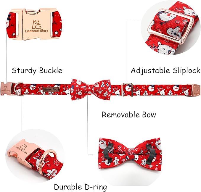 Lionheart glory Christmas Dog Bow Collar Santa Print Bow Dog Collar Girl or Boy Dog Bow tie Collar Pet Gift Adjustable Dog Collar for Large Dog