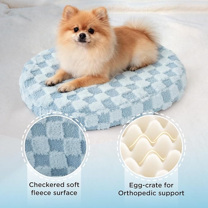 Joydeco Dog Bed for Small Dogs & Cats, Washable Cloud Pet Bed with Orthopedic Foam and Removable Checkered Plush Pad, Non-Slip Bottom for Indoor Puppies and Kittens, 27x24 Inch, Light Blue