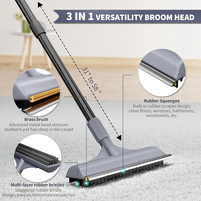 Carpet Rake for Pet Hair Removal - 3 in 1 Reusable Pet Hair Remover Tool with 58" Adjustable Long Handle,Dog & Cat Carpet Scraper,Pet Hair Remover for Rugs,Mats,Couch,Curtains(Gray)