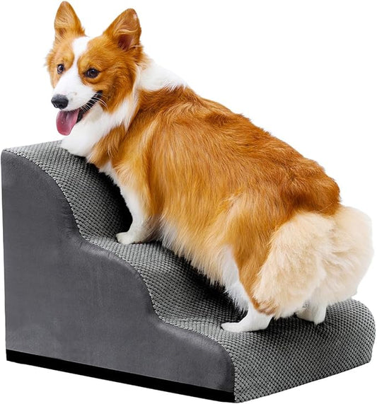 Makigued Dog Stairs for Small Dogs and Cats, 16" H 3 Steps Pet Steps Ramp for High Bed, Couch, Sofa, Waterproof Pet Stairs with Removable Washable Cover, Non-Slip Bottom, Dark Gray