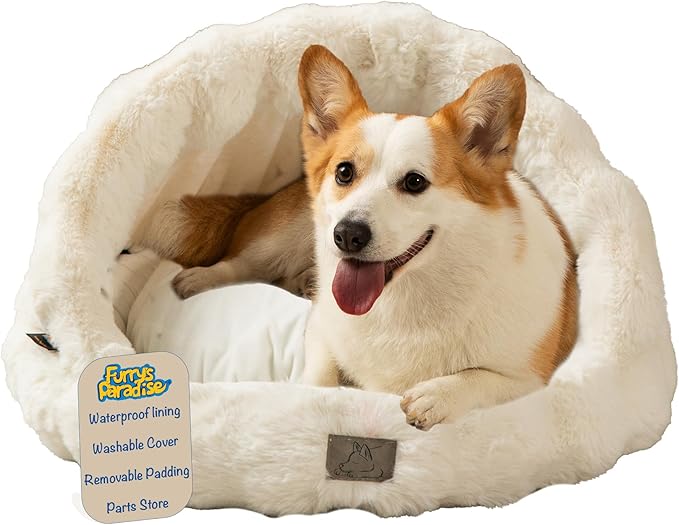 Furry's Paradise Rabbit Faux Fur Slipper Pet Bed with Recycled Fibers, Bolsters, Reversible Cushion, Waterproof Liners, and Removable Washable Cover. (White)