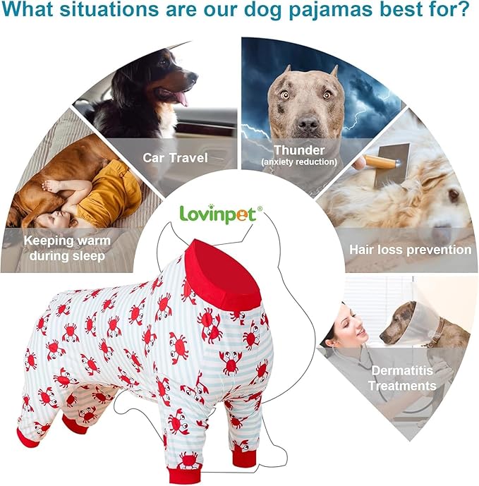 LovinPet Dog Sweatshirts for Large Dogs, Anxiety Calming Dog Pajamas, Light Blue Stripe Whale, Crab Print, Onesies for Dogs, Pitbull Clothes,Pajamas for Pitbulls, XL