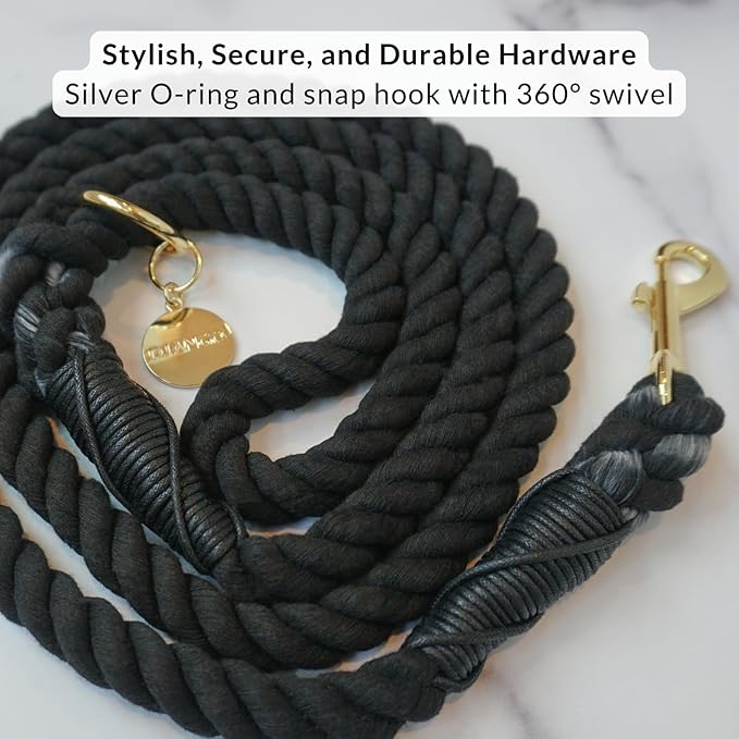 DJANGO Cotton Rope Dog Leash 5ft – Handcrafted Dog Leash and Black Braided Leash for Small, Medium, and Large Dogs – Durable 5 Foot Training Lead with Gold Hardware and Whipped Ends – Black