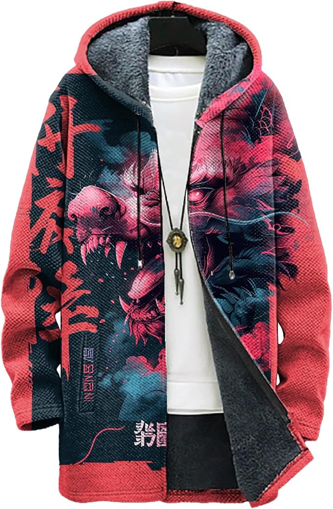 MARSVOVO Cool Hippie Long Cardigan Hoodies for Men Zipper Fleece Lined Knit Coat Skull Animal Print Graphic Jackets