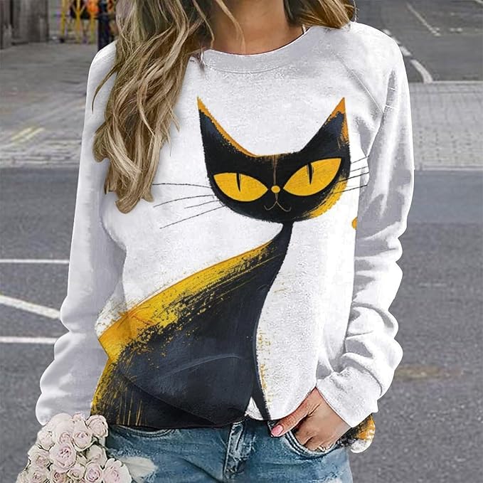 Biacolum Long Sleeve Shirts for Women Mid Century Retro Style Atomic Cat 3D Graphic Sweatshirts Fall Crewneck Pullover Top