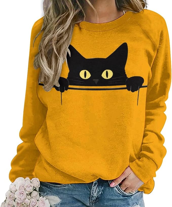 Womens Ugly Christmas Sweatshirt Funny Cat Dog Printed Xmas Pullover Shirts Crewneck Long Sleeve Graphic Hoodies