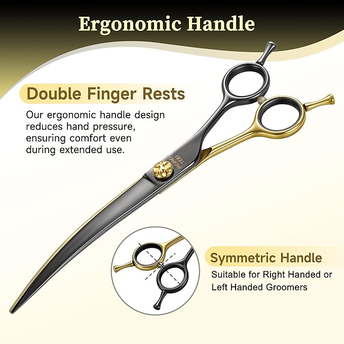 7.5'' Curved Dog Grooming Scissors CNC 440C Blades Sharp and Durable Black and Gold Dog Shears Smooth Cutting Easy to Use for Professional Groomer