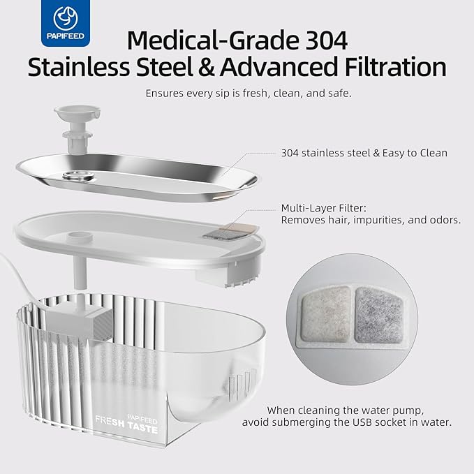 PAPIFEED Cat Water Fountain + Stainless Steel Tray (White Single Filter Element, Not Mat)