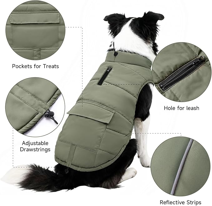 Dog Winter Coat - Waterproof Cold Weather Coat with Thick Padding, Windproof Dog's Snow Jacket with Neck & Tail Drawstrings, Reflective Puppy Jacket - Small Dog Coats, Olive Green S