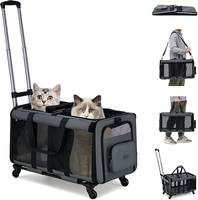 MILADA Large Cat Carrier for 2 Cats, Soft Big Pet Carrier with Wheels, Double Cat Carrier on Wheels, Rolling Pet Carrier for Travel Hiking Shopping and Camping（Not for Air Travel）, Grey