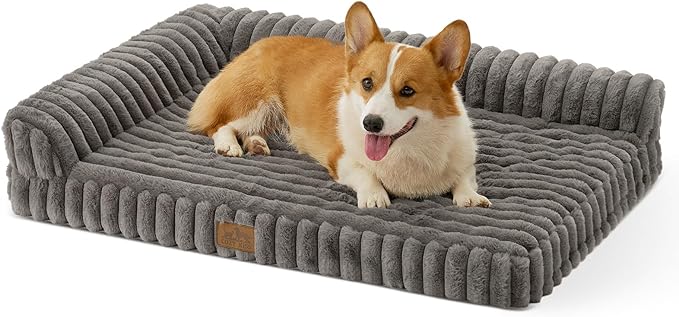 Cute Dog Bed, Faux Fur Orthopedic Foam Dog Bed with Sides, Removable Washable Cover & Waterproof Lining, Comfortable Pet Couch for Medium Dogs, Grey (36" L x 27" W x 6.5" Th)