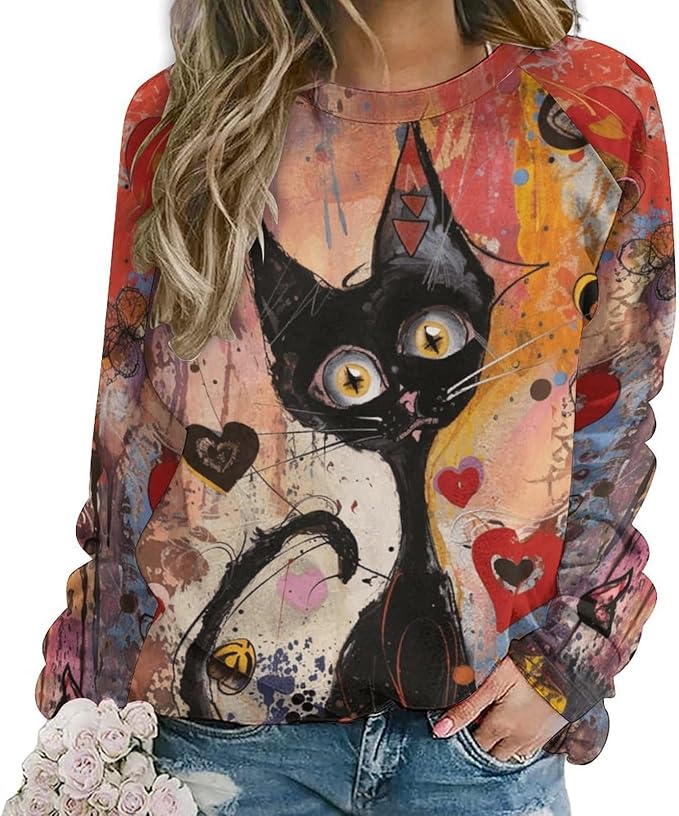 Womens novelty funny cat printed crewneck sweatshirt casual loose long sleeve graphic pullover sweatshirts tops
