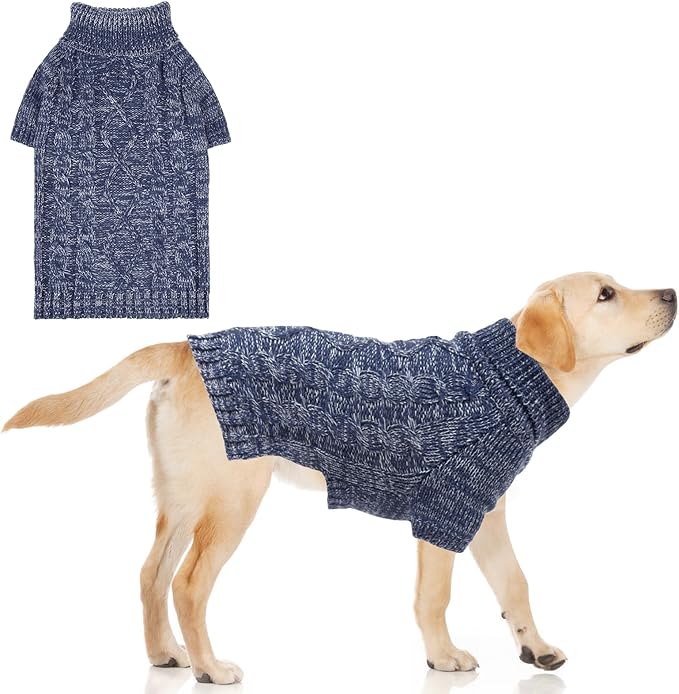 KOOLTAIL Dog Sweater for Large Medium Small Dogs, Fall Dog Sweaters, Turtleneck Cable Knitwear Pet Cold Weather Coats with Leash Hole, Warm Winter Pullover Clothes for Bulldog, Yorkie,Boy Girl, Navy L