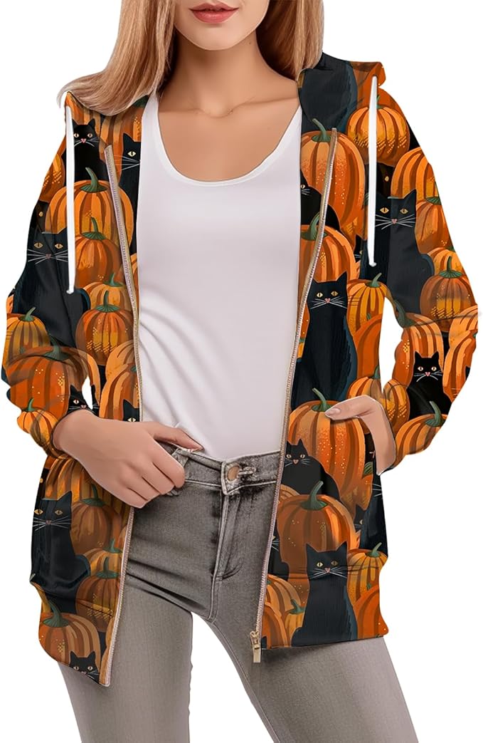 Women's Zip Front Plaid Sweatshirts Print Hoodie Fall Jackets Long Sleeve Casual Drawstring Clothes