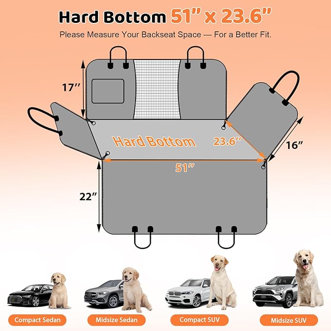 URPOWER Back Seat Extender for Dogs - Hard Bottom Dog Car Seat Cover with 1PC Leak-Proof Pee Pad, Dog Hammock for Car, SUV, and Truck, Pet Rear Seat Protector Dogs Travel Bed with Mesh Window