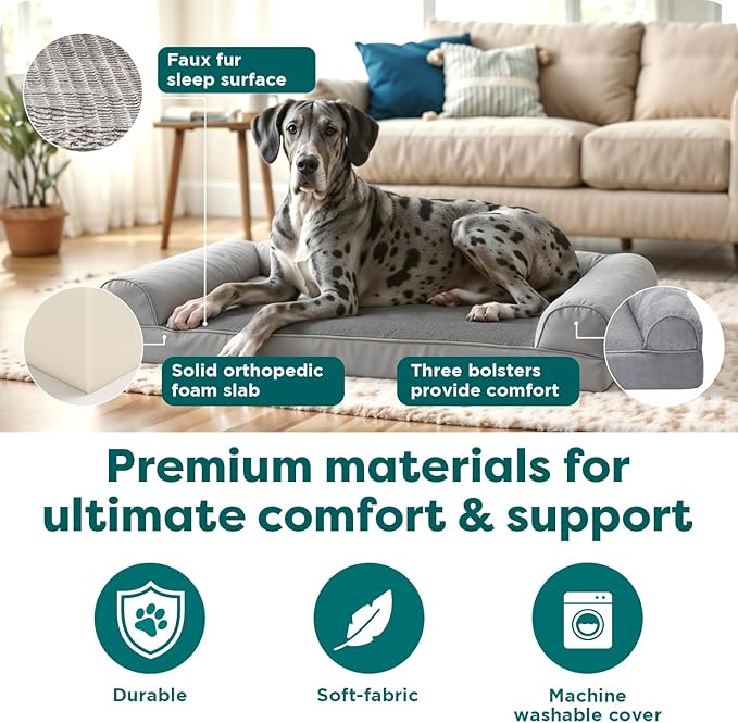 FurHaven Orthopedic Dog Bed For Large Dogs, Sofa Contour Mattress with Solid Orthopedic Foam Slab for Joint Support, Removable Washable Cover, Jumbo Plus/XXL, Faux Fur, Charcoal
