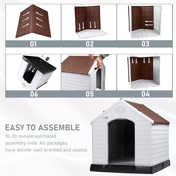 LEMBERI Durable Waterproof Plastic Dog House for Small to Large Sized Dogs, Indoor Outdoor Doghouse Insulated Puppy Shelter with Elevated Floor, Easy to Assemble (Brown with Liner, 42''L*38''W*39''H)