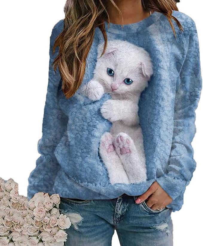 Womens Cute Cat Print Sweatshirts Long Sleeve Lightweight Crew Neck Shirts Casual Trendy Tops Spring