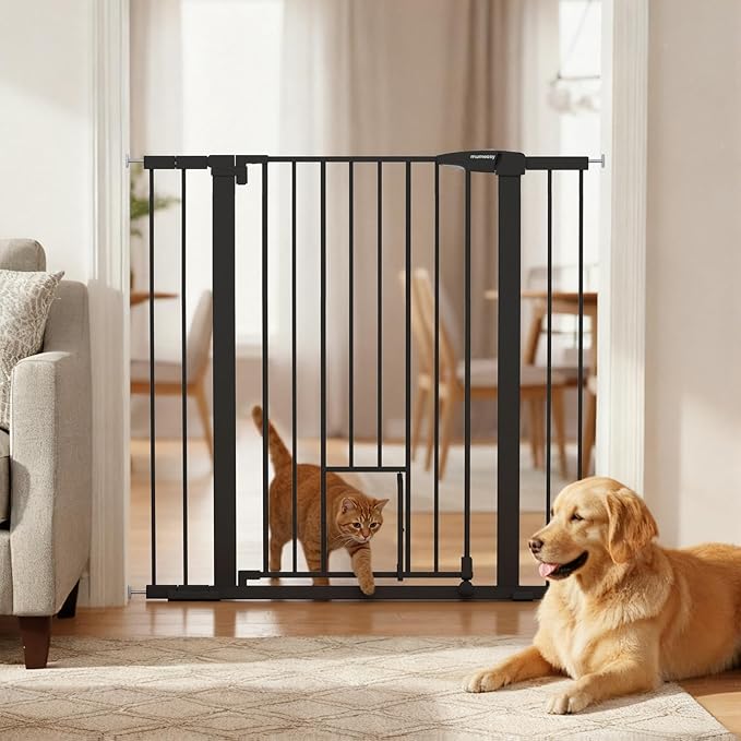Mumeasy 36" High Extra Tall Baby Gate with Cat Door, 29.6"-40.5" Wide Pressure Mounted Dog Gate with Small Pet Door, Auto Close Pet Gate for House,Stairs,Doorways,Black