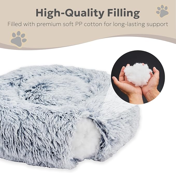 Calming Dog Bed for Small Dogs, Anti-Anxiety Donut Small Puppy Bed Washable, Fluffy Plush Faux Fur Large Cat Bed, Fits up to 20 lbs Pets (Brown, 23")