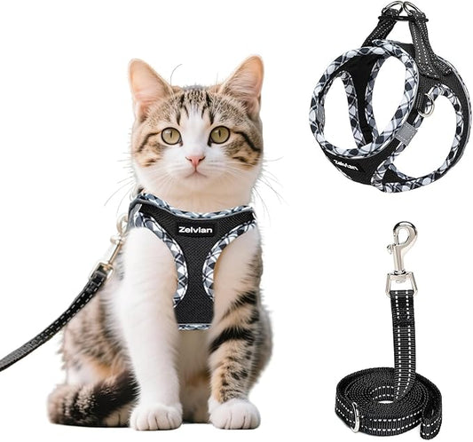Cat Harness and Leash Set for Walking, Escape Proof Adjustable Soft Mesh Kitten Harness with Reflective Strips, Breathable No-Choke Pet Vest for Small Cats or Puppies(Black,XXS)
