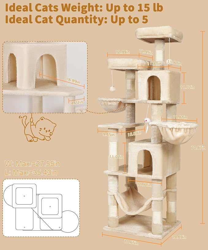 AMHANCIBLE Tall Cat Tree, 70 Inch Cat Tower for Indoor Cats, Multi-Level Cat Tree with Scratching Post, Hammock, Hanging Basket, Large Cat Condos for Adult Cats Kittens, Beige, PT18BG