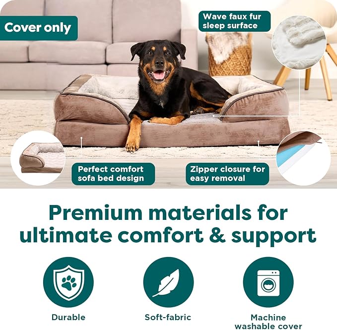 FurHaven Dog Bed Cover Replacement, Sofa-Style Design with Soft, Breathable Fabric for Cozy Comfort, Machine Washable, Jumbo/XL, Plush & Velvet Waves, Brownstone