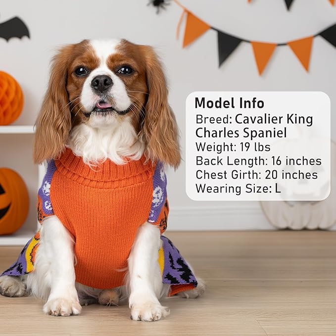 KYEESE Halloween Dog Sweater for Small Dogs Pumpkin and Ghost Patterned Knit Apparel with Turtleneck and Leash Hole Sweater Warm and Cozy Fall Costume Stretchable Winter Dog Apparel, Large