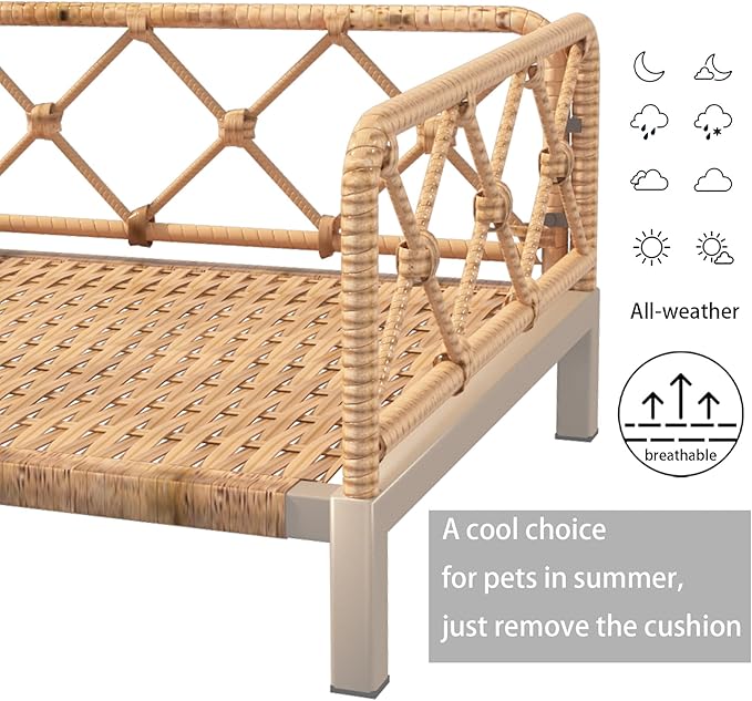Wicker Dog Bed with 2" Cushion,Rattan Dog Sofa Bed for Small Medium Dogs– Indoor/Outdoor Metal Frame Pet Bed up 66lbs (Brown Rattan Brown Cushion)