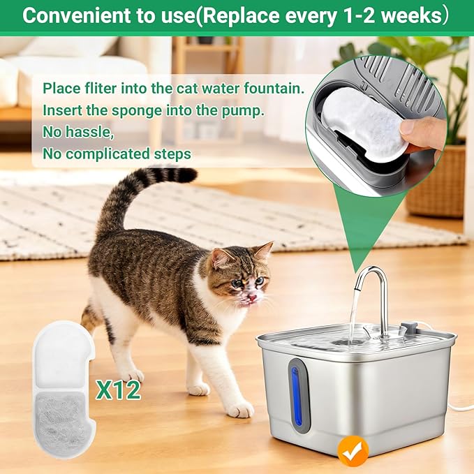 12+12 Pack Cat Water Fountain Filters Replacement for SEIRMEP 101oz/3L Stainless Steel Cat Water Fountain, Includes 12 Filters & 12 Sponges