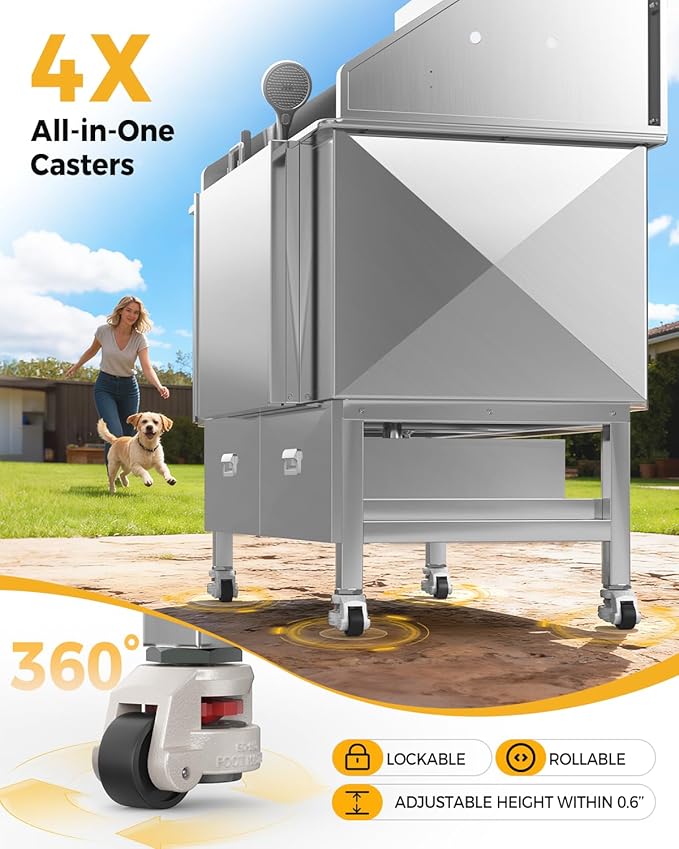 50'' Dog Bathing Station - 304 Stainless Steel, Leak-Proof Deep Soak, Dog Bathing Station, 27.4" Wide Ramp, Swivel Wheels, Dog Grooming Tub, Piano-Key Faucet, 2 Drawers for Medium & Small Pets