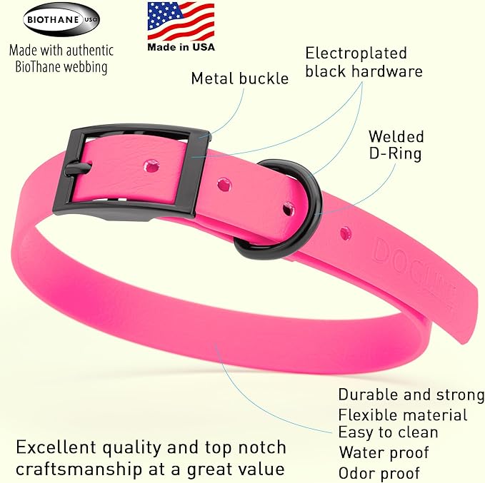 Dogline Biothane Coated Webbing Dog Collar with Black Metal Hardware: Durable Easy-Clean Everyday Collar for Dogs - Comfortable Adjustable Odor-Resistant Pet Collar, W3/4" x L15-18, Passionfruit Pink