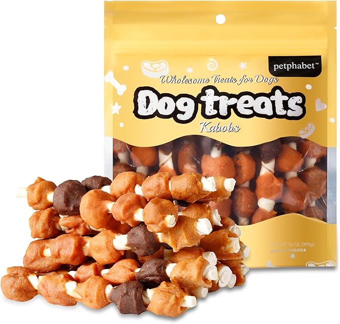 PETPHABET Dog Kabobs Rawhide Treats - 5 Flavors Training Snacks, Healthy Puppy Chews for Small Medium Large Breeds, Made with Chicken, Sweet Potato, Duck, Cheese & Hide Sticks 14oz, 18 Count