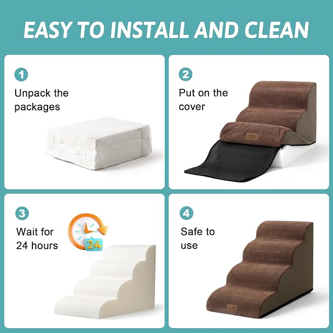 Dog Stairs for Small Dogs 19.7" H, Curved Dog Step for Puppy, Older or Cat, Medium Pet Ramp for Sofa, Couch or Bed, Ladder with High Density Foam, 4 Step, 15.7x28.3x19.7 inch, Brown