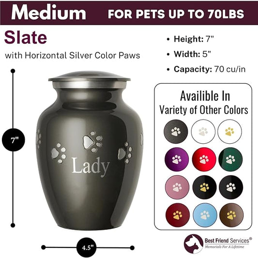 Pet Urn for Dogs and Cats with Personalized Laser Engraving, Ottillie Paws Premier Series Memorial Urns (Medium Slate with Horizontal Pewter Paws)