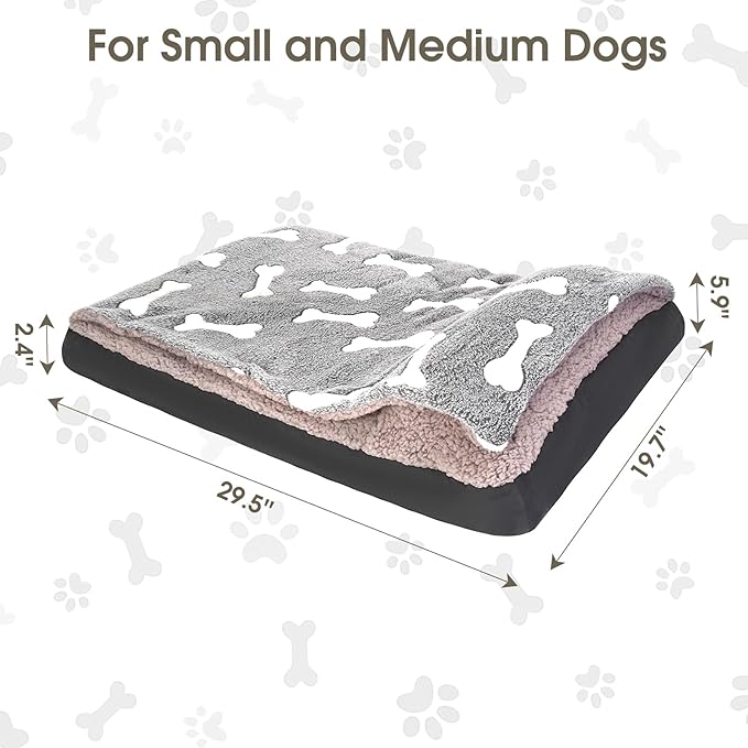 Dog Bed with Pillow and Blanket Attached, 30''X20'' Rectangle Cozy Dog Bed with Cover Cave & Removable Washable Cover for Crate Furniture, Soft Indoor Covered Calming Burrow Sofa for Small Medium Pet
