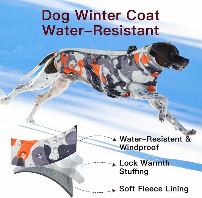 Dog Winter Coat - Large, Warm Dog Coat - Zip Up Snowsuit - Reflective, Water-Resistant - Orange-Camouflage