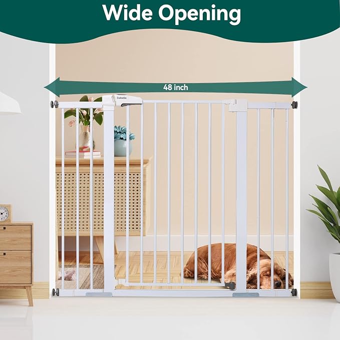 BABELIO 36" Tall Baby Gate, PressGuard P7, 29-48" Auto Close Pressure Mounted Dog Gate for Stairs, Doorways & Hallway, Protector Basics Easy Walk Thru Pet Gate, White