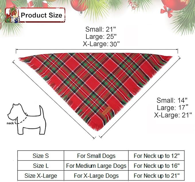 PTDECOR Christmas Dog Bandanas with Tassels Edges, 2 Pack Red Green Plaid Scarf Bib, Reversible Triangle Xmas Bandanas for Small Dogs Puppies Cats(Small)