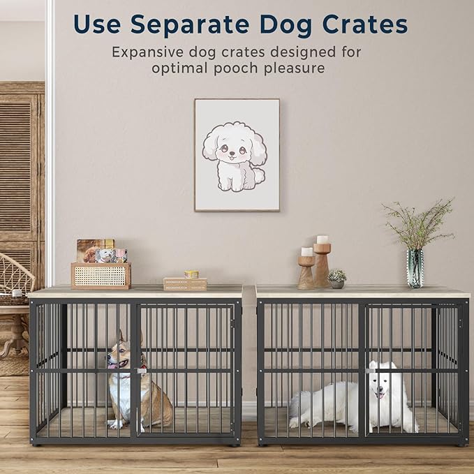 Lyromix 86.62''Dog Crate Furniture Large Breed TV Stand with Double Rooms,Wooden Dog Kennel Dog Crate End Table with Removable Divider for Large Medium Dogs, Can Use Separately