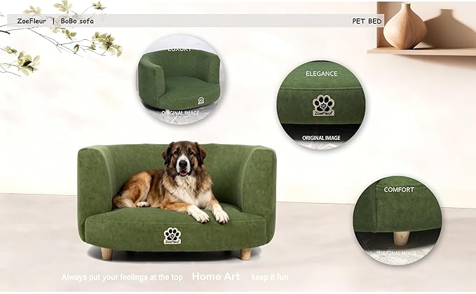 Dog Bed, Large Dog Couch with Washable Cover, Wooden Legs, Elevated Fancy Foam Pet Sofa for Medium & Large Breeds(Green)