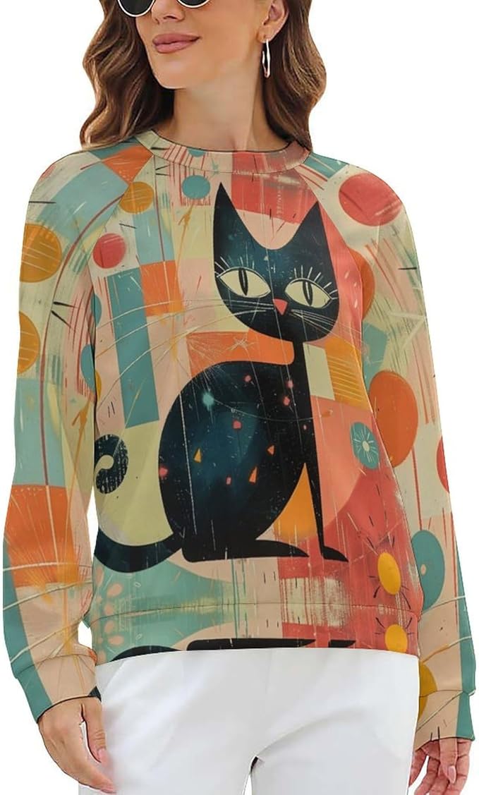 Biacolum Long Sleeve Shirts for Women Mid Century Retro Style Atomic Cat 3D Graphic Sweatshirts Fall Crewneck Pullover Top
