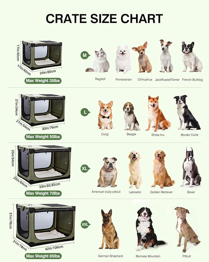 42 Inch Collapsible Travel Dog Crate for Medium Large Dogs, Portable Dog Crate 4-Door Foldable Soft Kennel with Durable Mesh Windows for Indoor & Outdoor Travel, with Storage Bag,Green