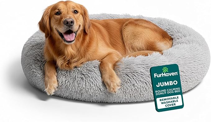 FurHaven 45" Calming Donut Dog Bed for Large Dogs, Round Plush Donut with Soft Filling for Snuggling Comfort, Removable Washable Cover, Jumbo/XL, Shaggy Faux Fur, Mist Gray