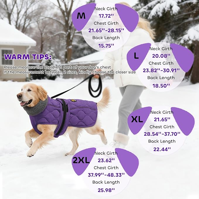 Dog Winter Coat, Adjustable Quilted Dog Snow Jacket with Fleece Lining, Water Resistant Pet Apparel for Cold Weather, Warm Large Doggie Coat with Leash Hole and Reflective Strip, NewPurple L