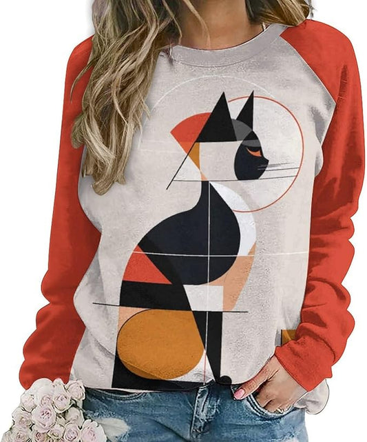 Biacolum Long Sleeve Shirts for Women Mid Century Retro Style Atomic Cat 3D Graphic Sweatshirts Fall Crewneck Pullover Top